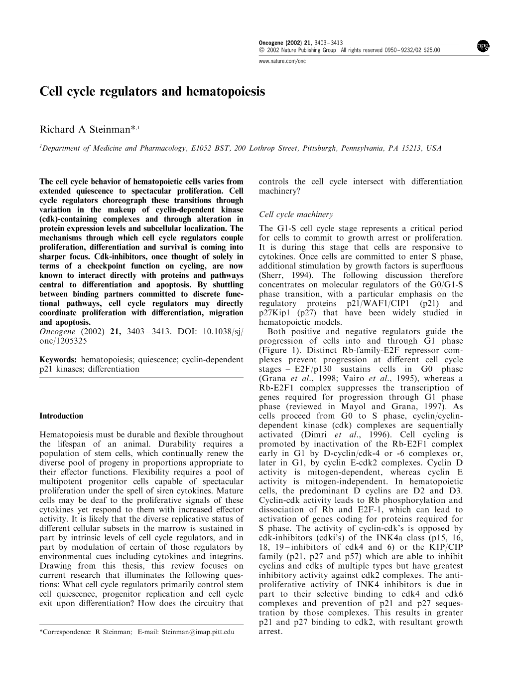 Cell Cycle Regulators and Hematopoiesis