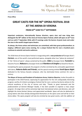 GREAT CASTS for the 96Th OPERA FESTIVAL 2018 at the ARENA DI VERONA