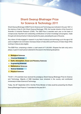 Shanti Swarup Bhatnagar Prize for Science & Technology 2011