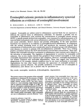 Eosinophil Cationic Protein in Inflammatory Synovial Effusions As Evidence of Eosinophil Involvement