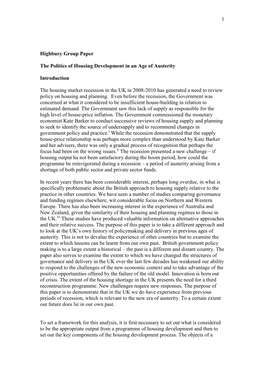 1 Highbury Group Paper the Politics of Housing Development in an Age