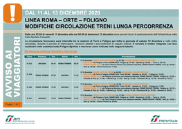 Dal 11 Al 13 Dicembre 2020 Linea Roma – Orte – Foligno Modifiche Circolazione Treni Lunga Percorrenza