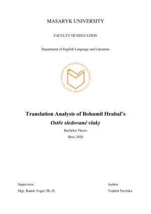 Translation Analysis of Bohumil Hrabal's Ostře Sledované Vlaky