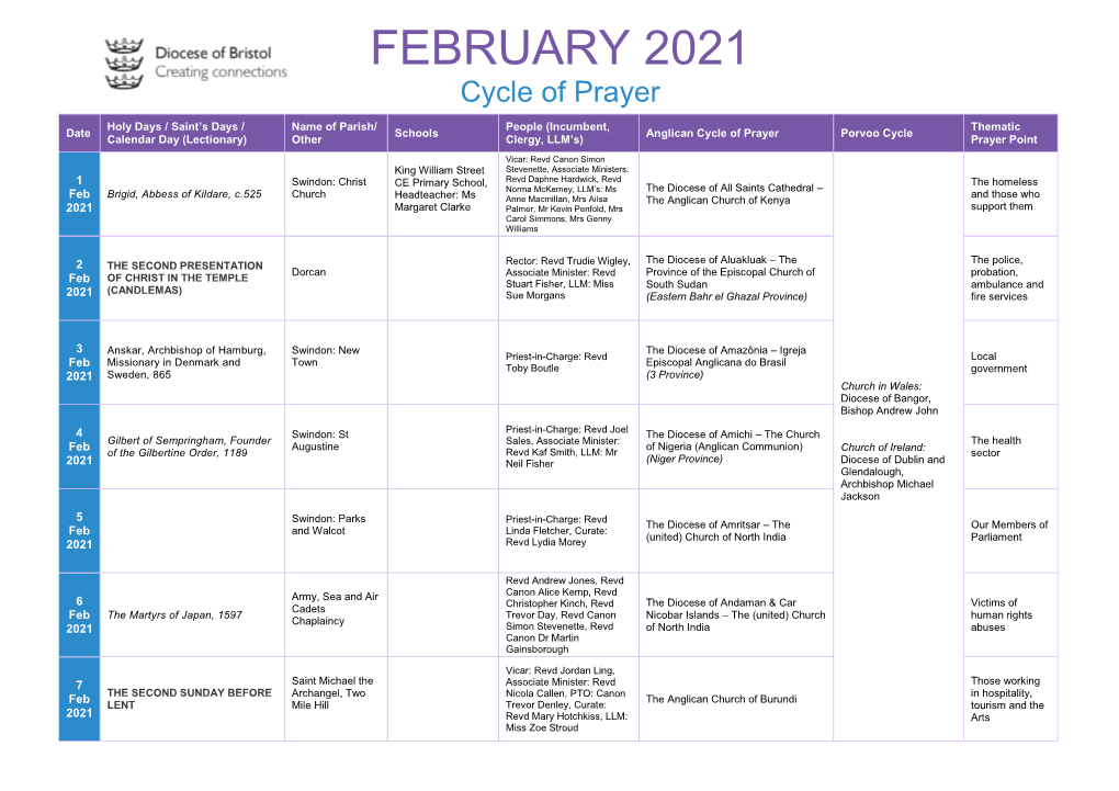 FEBRUARY 2021 Cycle of Prayer