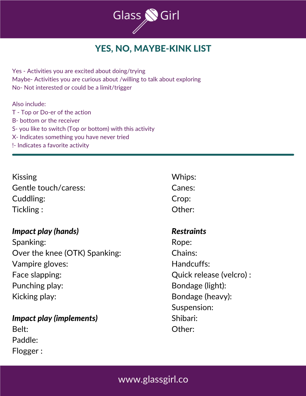 kink list checklist template