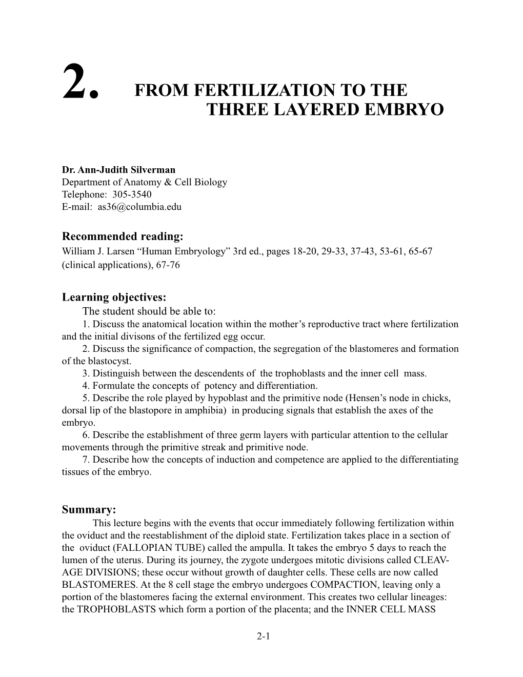 2. from Fertilization to the Three Layered Embryo