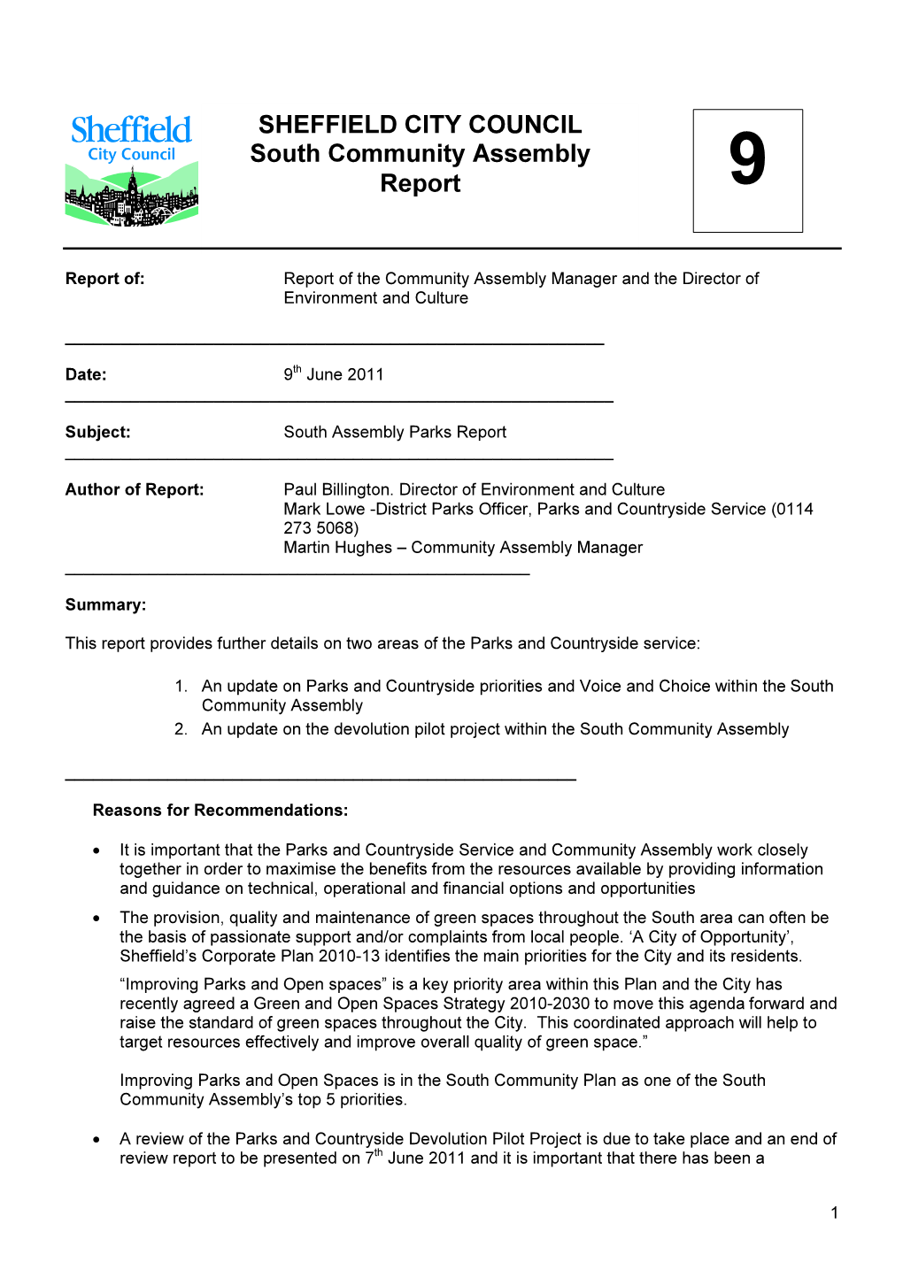 SHEFFIELD CITY COUNCIL South Community Assembly Report 9