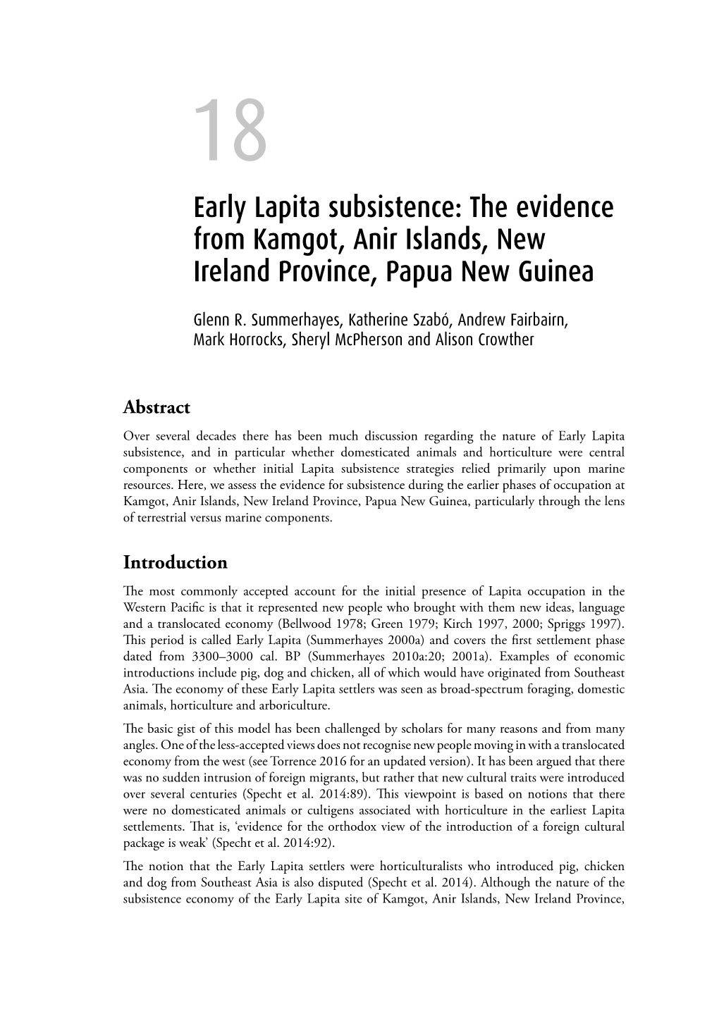 Early Lapita Subsistence: the Evidence from Kamgot, Anir Islands, New Ireland Province, Papua New Guinea