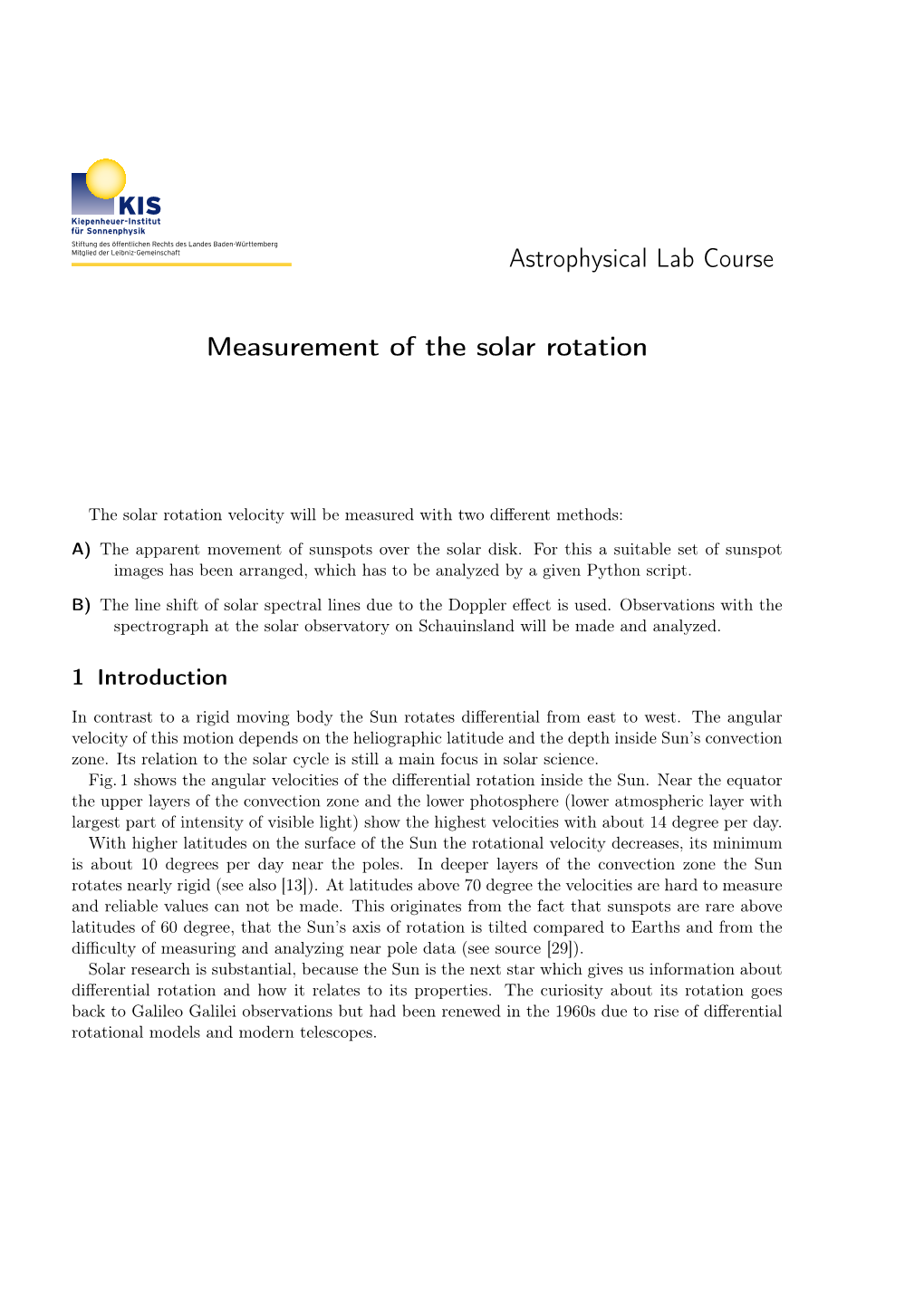 Astrophysical Lab Course Measurement of the Solar Rotation