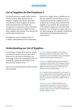 List of Suppliers for the Fairphone 2 Understanding Our List of Suppliers