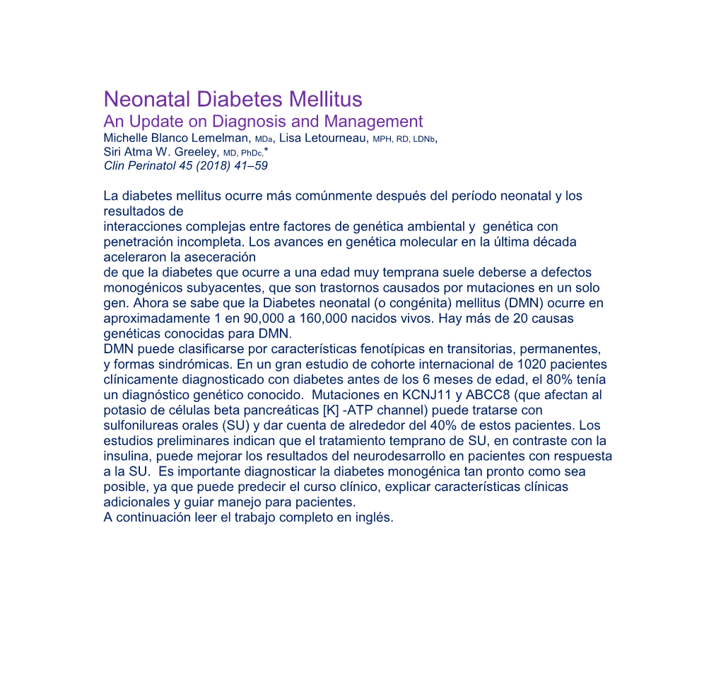 Neonatal Diabetes Mellitus an Update on Diagnosis and Management Michelle Blanco Lemelman, Mda, Lisa Letourneau, MPH, RD, Ldnb, Siri Atma W