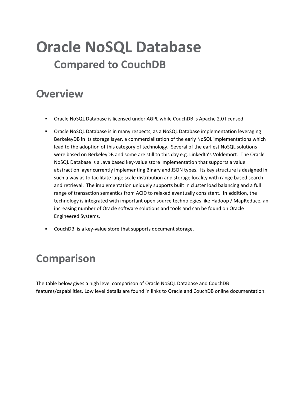 Oracle Nosql Database Compared to Couchdb