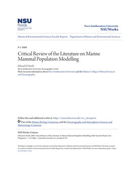 Critical Review of the Literature on Marine Mammal Population Modelling Edward O