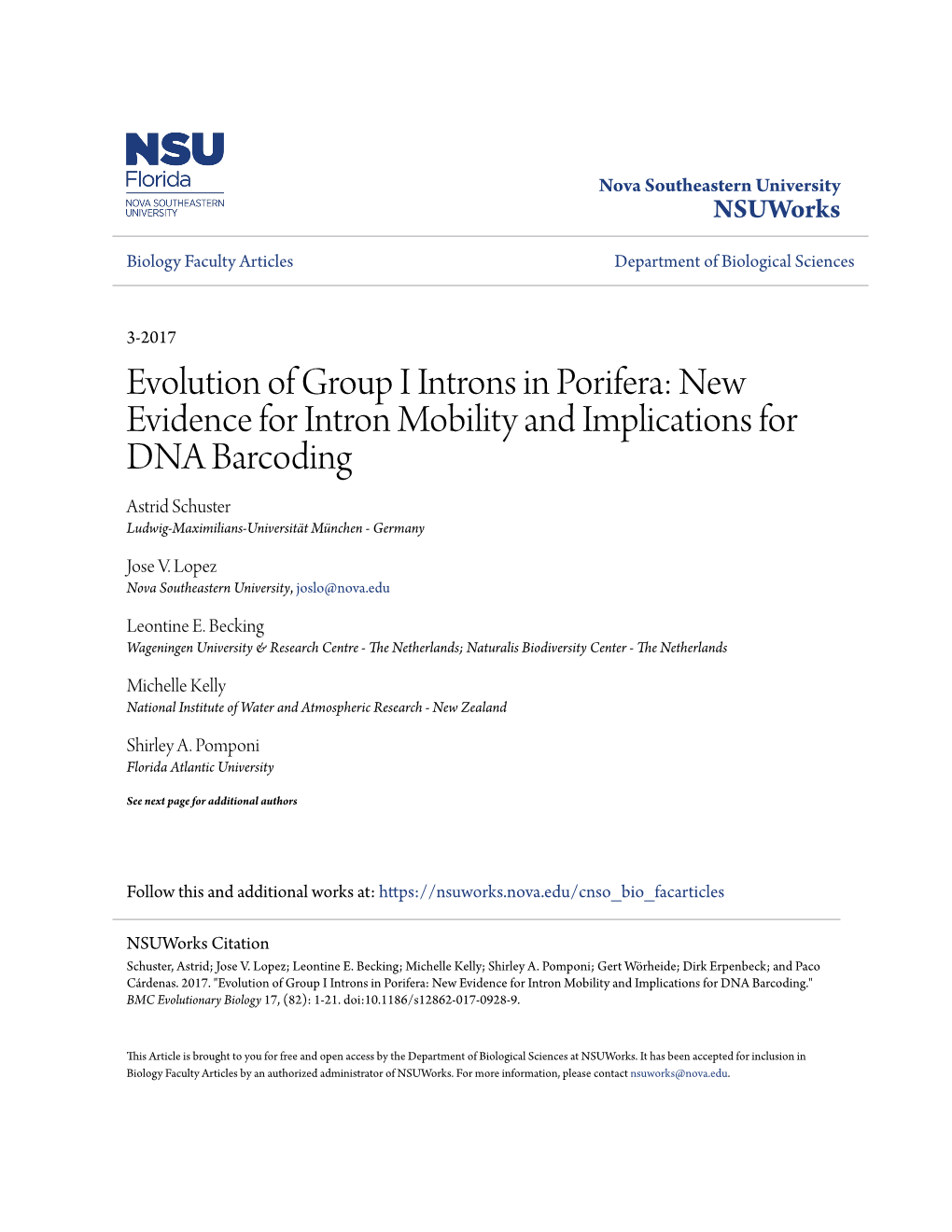 Evolution of Group I Introns in Porifera