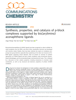 Synthesis, Properties, and Catalysis of P-Block Complexes Supported by Bis
