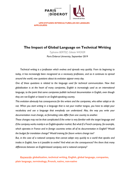 The Impact of Global Language on Technical Writing Typhaine BERTEZ, Céleste WICKER Paris Diderot University, September 2019