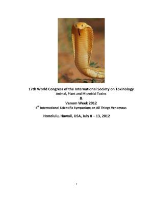 Venom Week 2012 4Th International Scientific Symposium on All Things Venomous