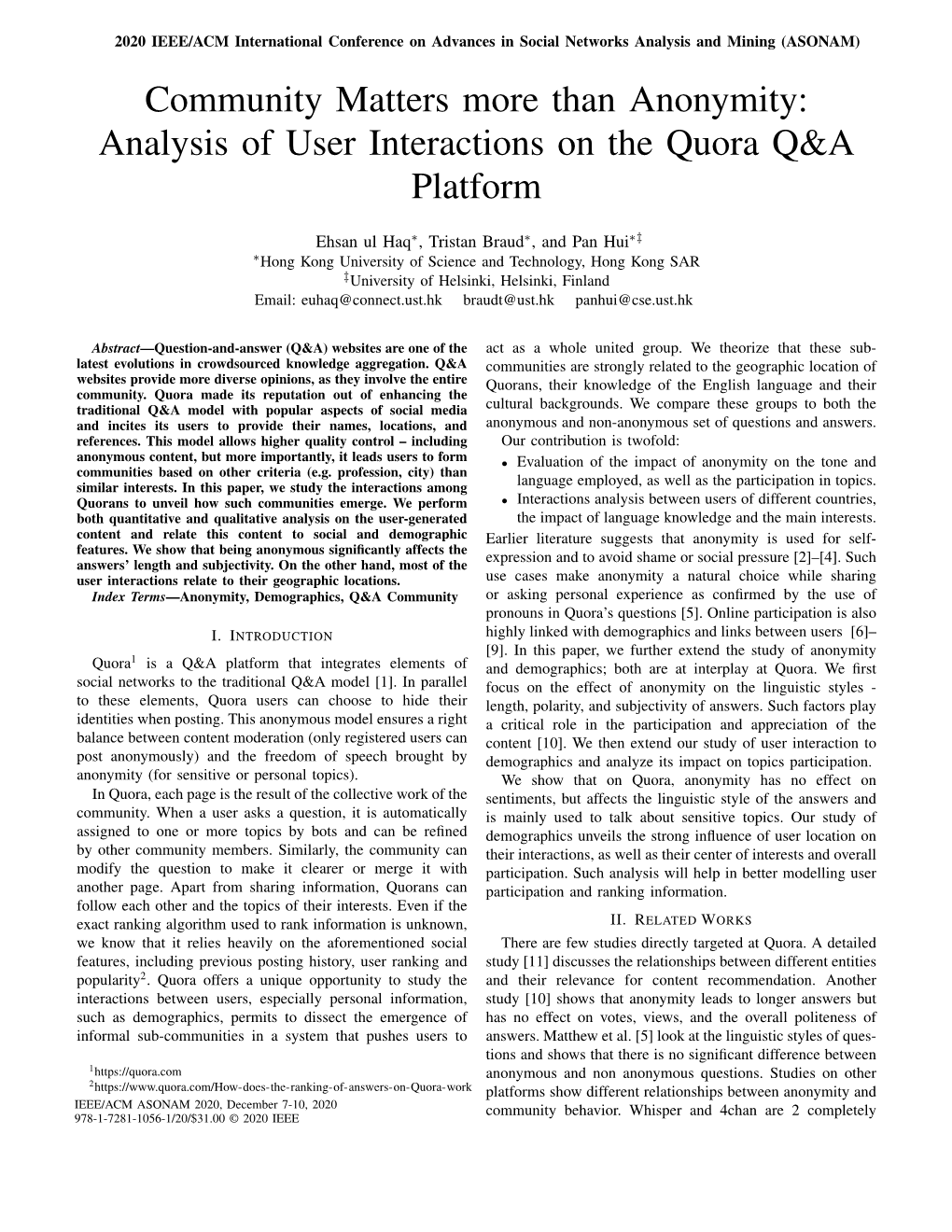 Analysis of User Interactions on the Quora Q&A Platform