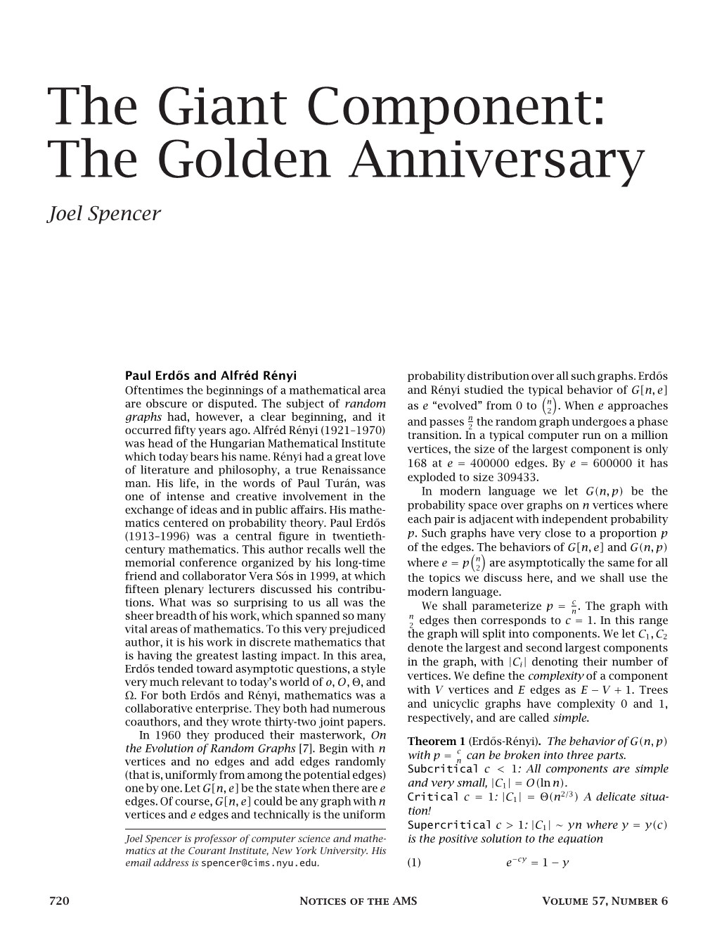 The Giant Component: the Golden Anniversary Joel Spencer