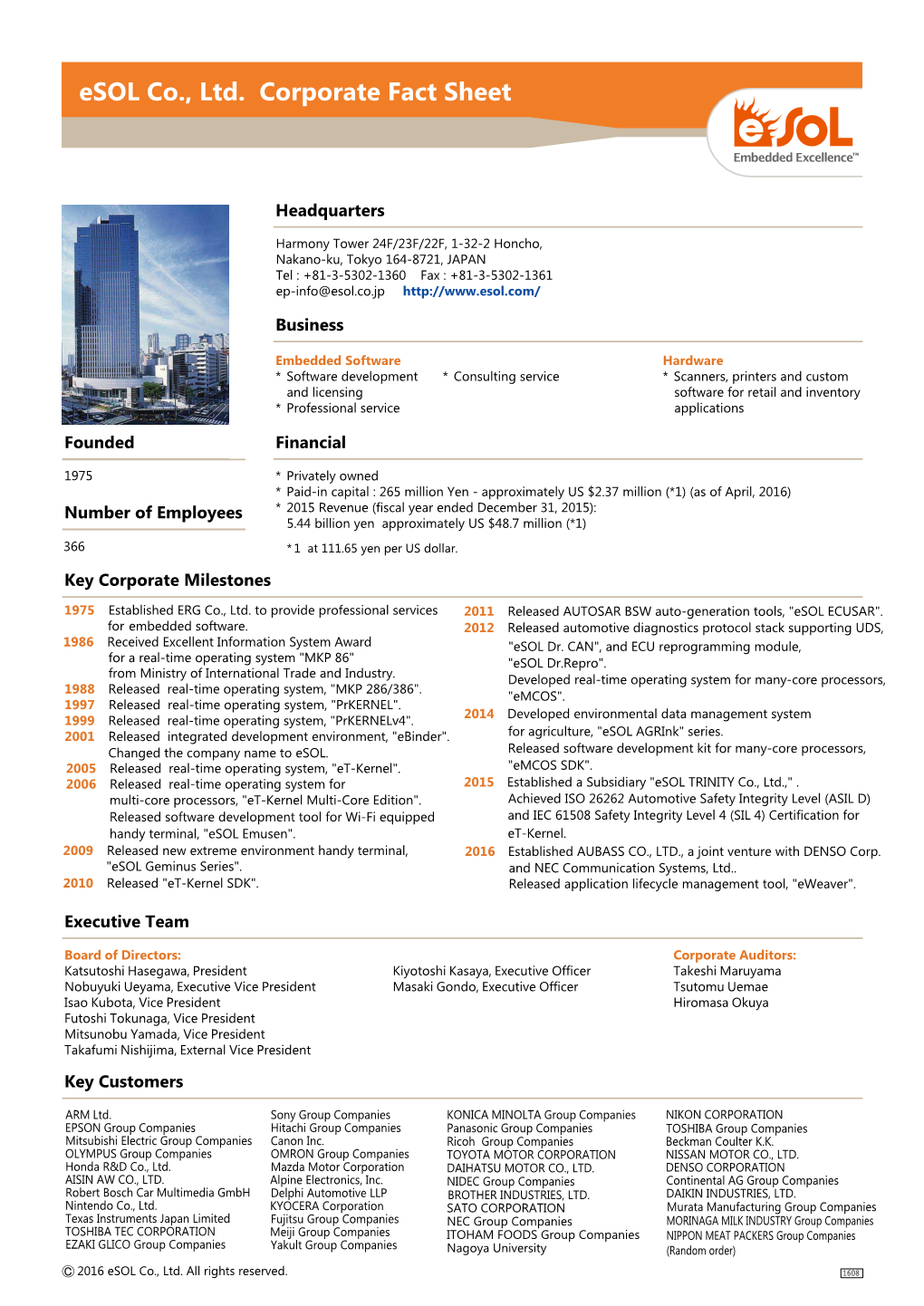 Esol Co., Ltd. Corporate Fact Sheet