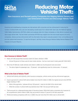 Reducing Motor Vehicle Theft: How Insurance and Rental/Leasing Companies Are Helping Vehicle Owners and Law Enforcement Prevent and Discourage Vehicle Theft