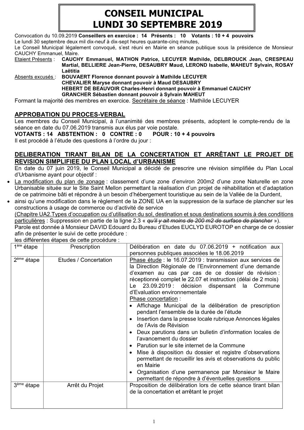 Conseil Municipal Lundi 30 Septembre 2019