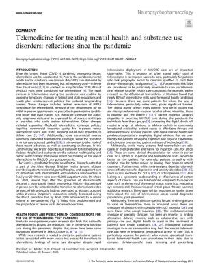 Telemedicine for Treating Mental Health and Substance Use Disorders: Reﬂections Since the Pandemic