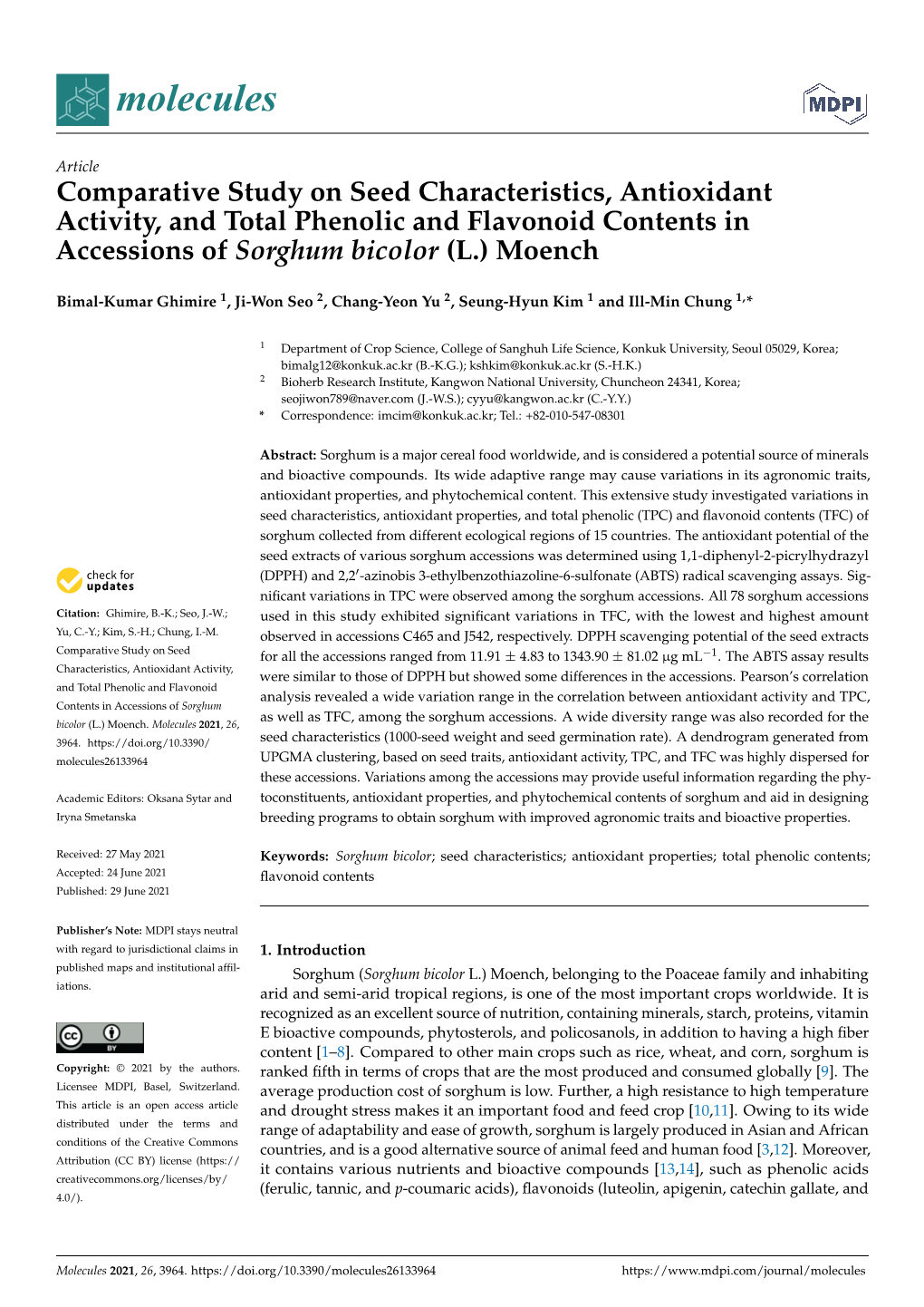 Comparative Study on Seed Characteristics, Antioxidant Activity, and Total Phenolic and Flavonoid Contents in Accessions of Sorghum Bicolor (L.) Moench