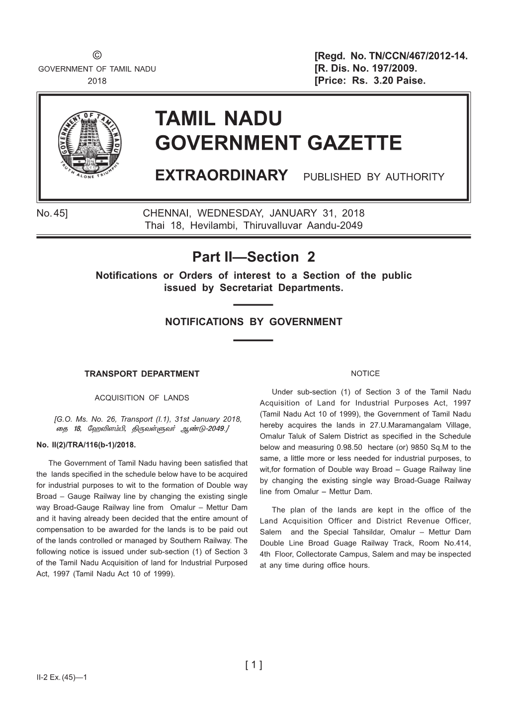 Tamil Nadu Government Gazette Extraordinary