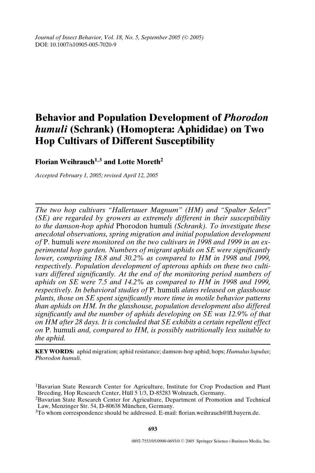 Behavior and Population Development of Phorodon Humuli (Schrank) (Homoptera: Aphididae) on Two Hop Cultivars of Different Susceptibility