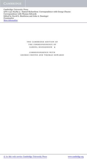 The Cambridge Edition of the Correspondence of Samuel Richardson 2 Correspondence with George Cheyne and Thomas Edwards