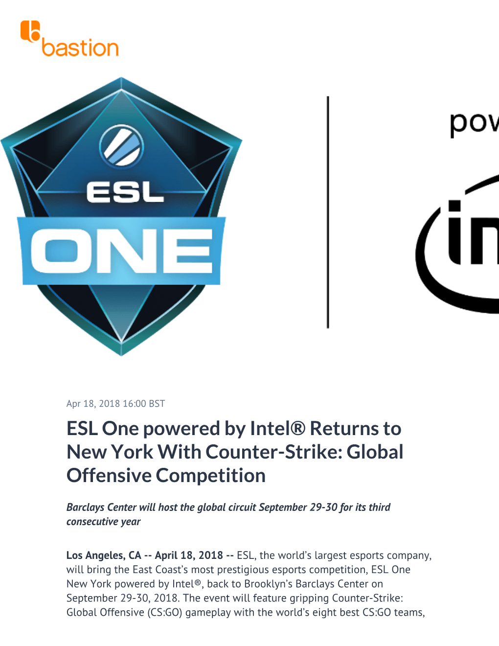 ESL One Powered by Intel® Returns to New York with Counter-Strike: Global Offensive Competition