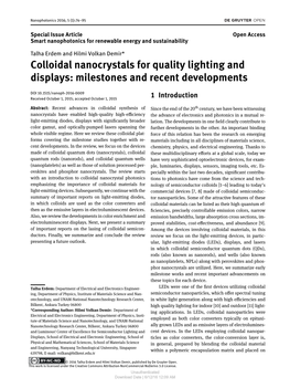 Colloidal Nanocrystals for Quality Lighting and Displays: Milestones and Recent Developments