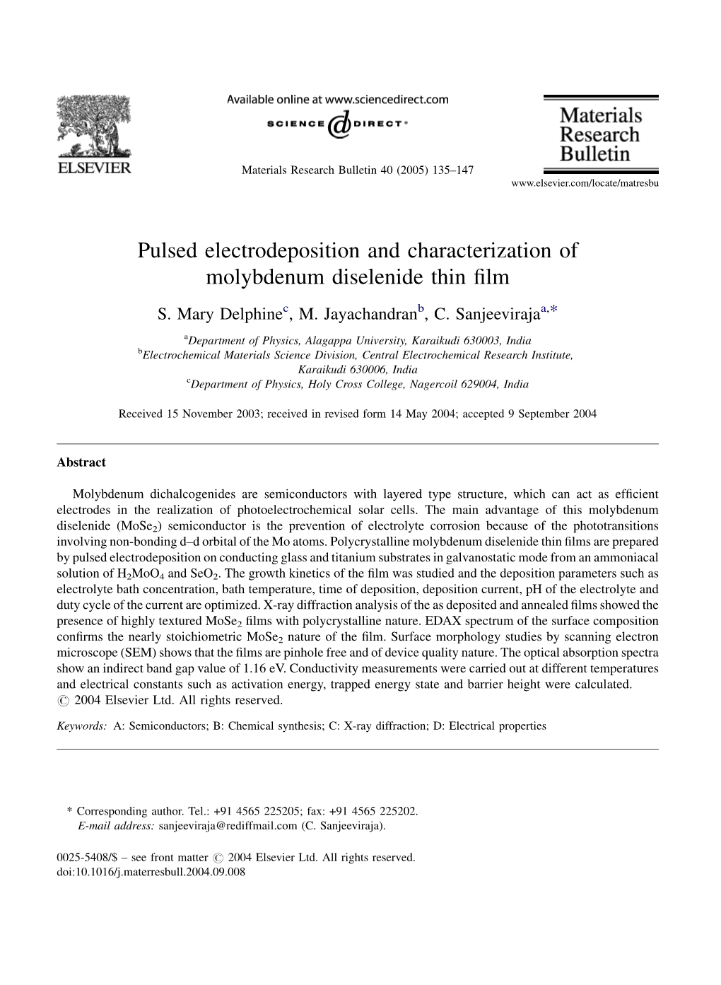 Pulsed Electrodeposition and Characterization of Molybdenum Diselenide Thin Film