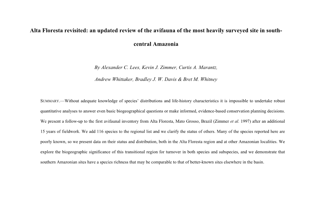 Alta Floresta Revisited: an Updated Review of the Avifauna of the Most Heavily Surveyed Site in South