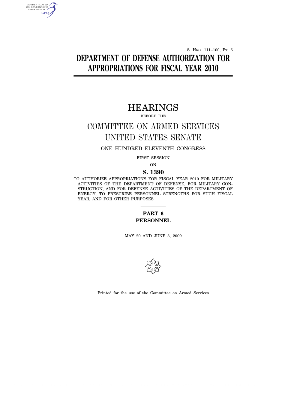 Department of Defense Authorization for Appropriations for Fiscal Year 2010