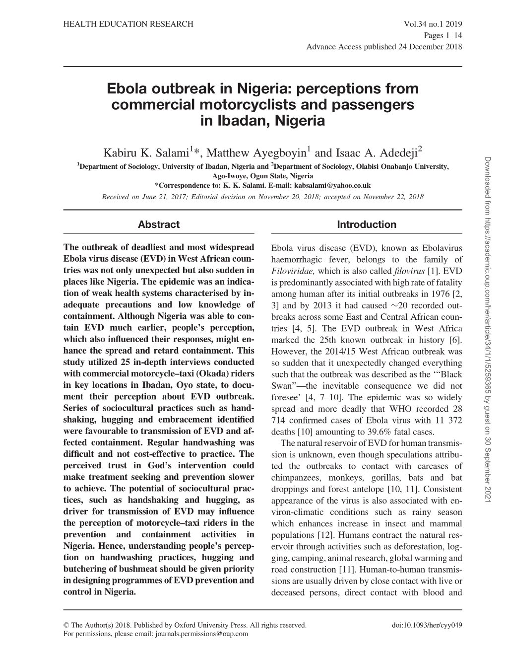 Ebola Outbreak in Nigeria: Perceptions from Commercial Motorcyclists and Passengers in Ibadan, Nigeria