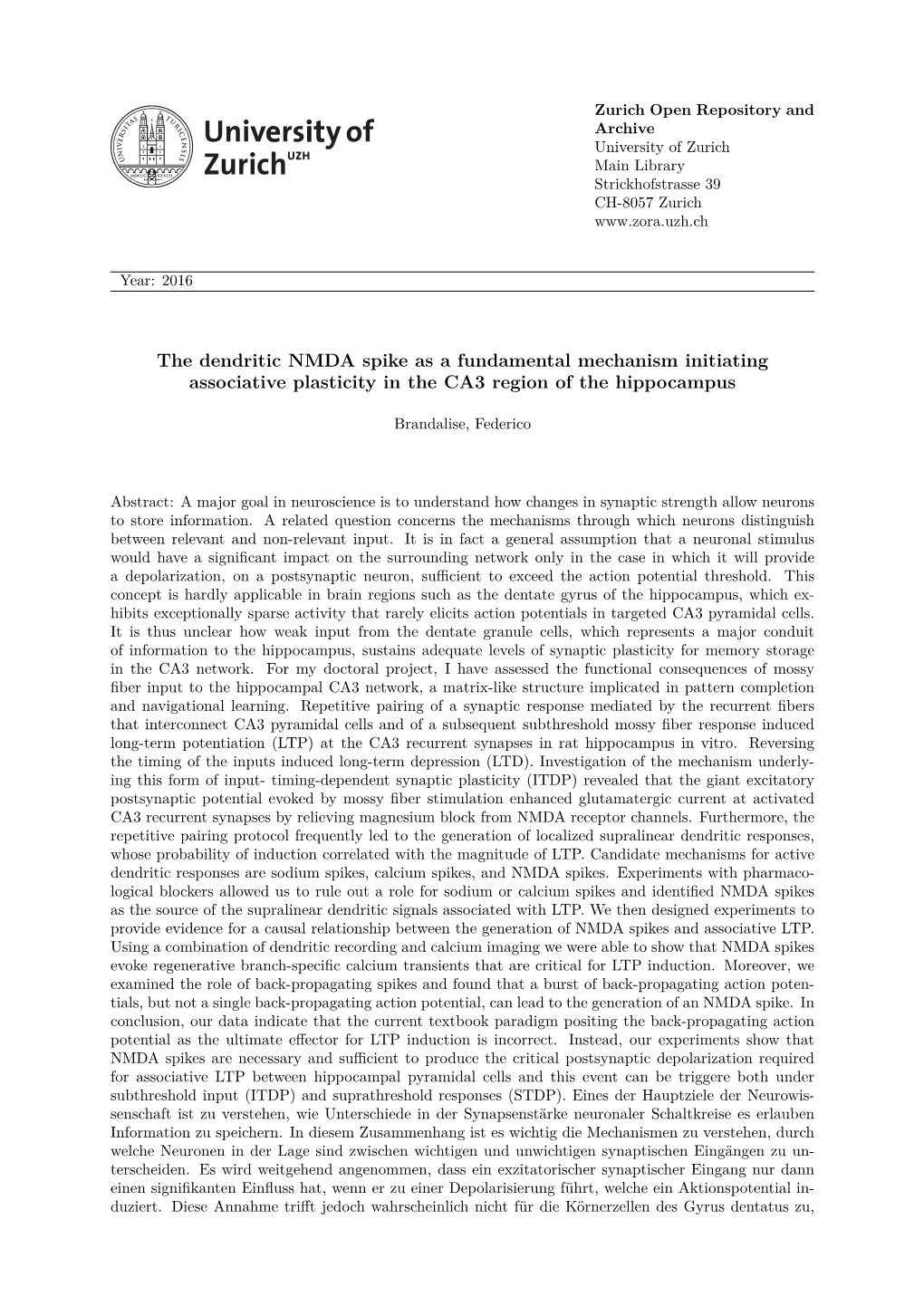 The Dendritic NMDA Spike As a Fundamental Mechanism Initiating Associative Plasticity in the CA3 Region of the Hippocampus