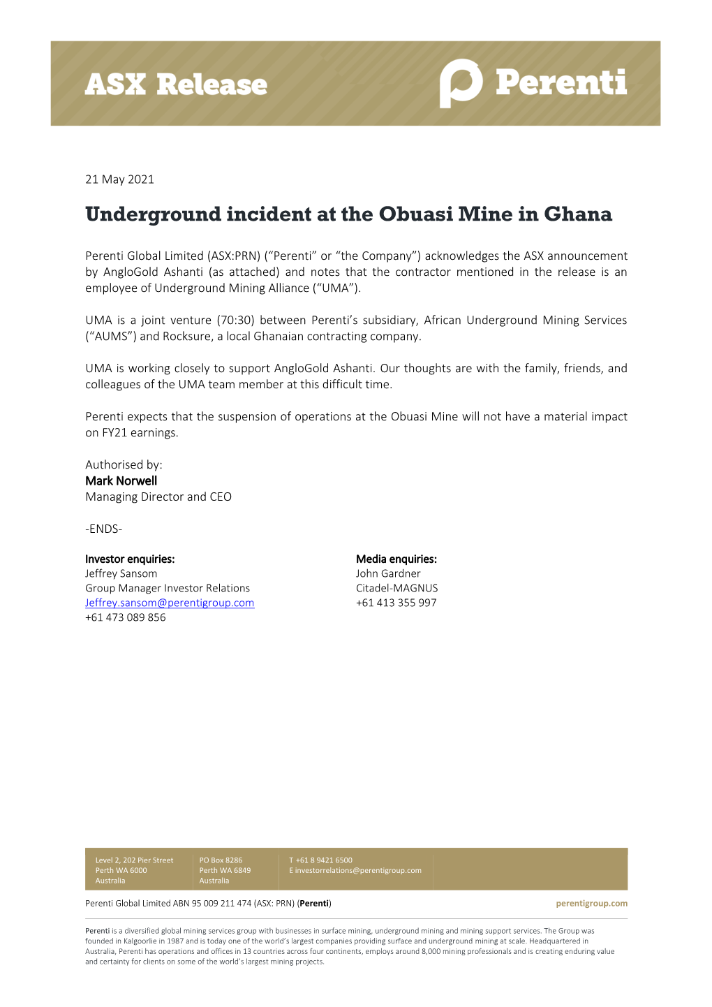 Underground Incident at the Obuasi Mine in Ghana