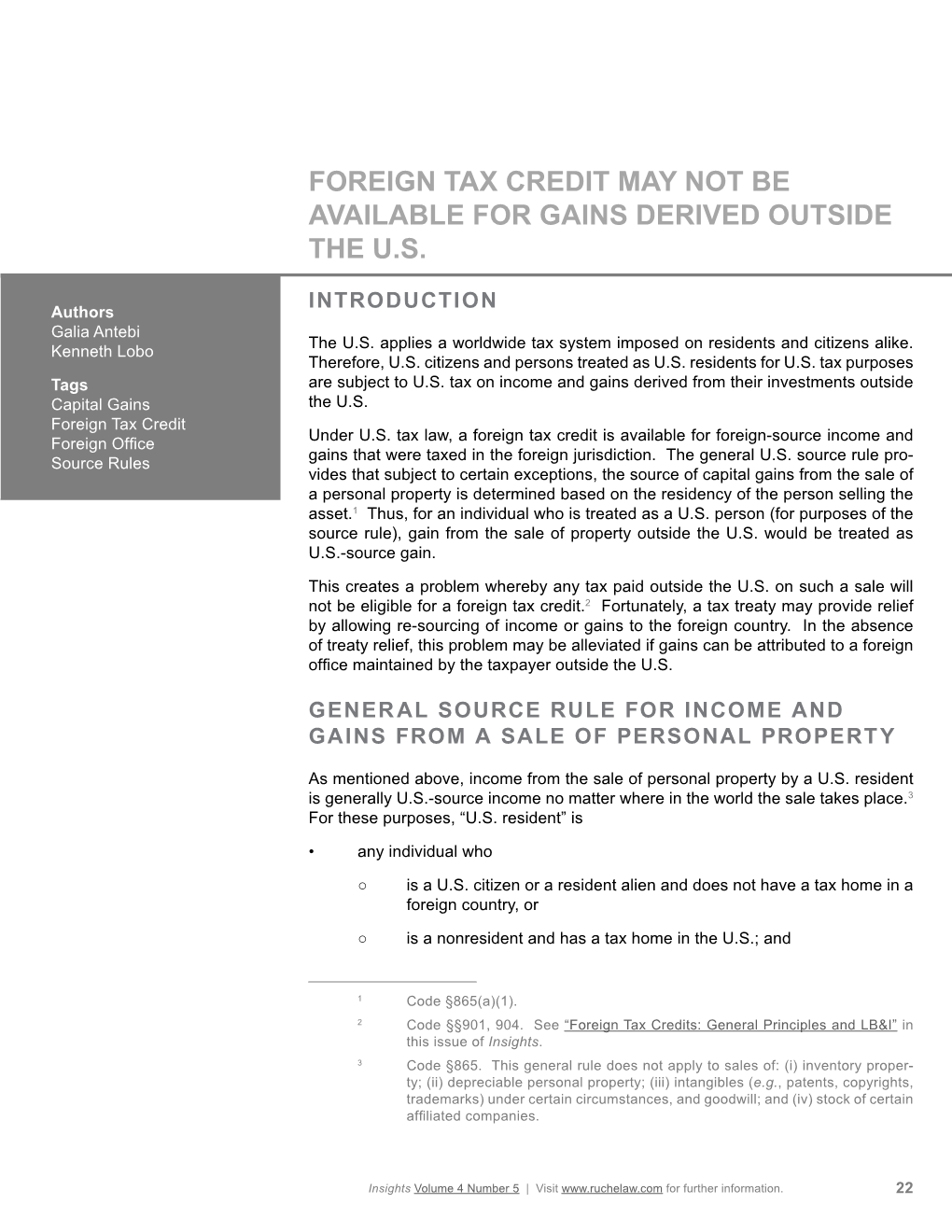 Foreign Tax Credit May Not Be Available for Gains Derived Outside the U.S