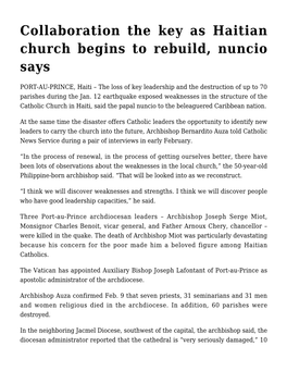Collaboration the Key As Haitian Church Begins to Rebuild, Nuncio Says