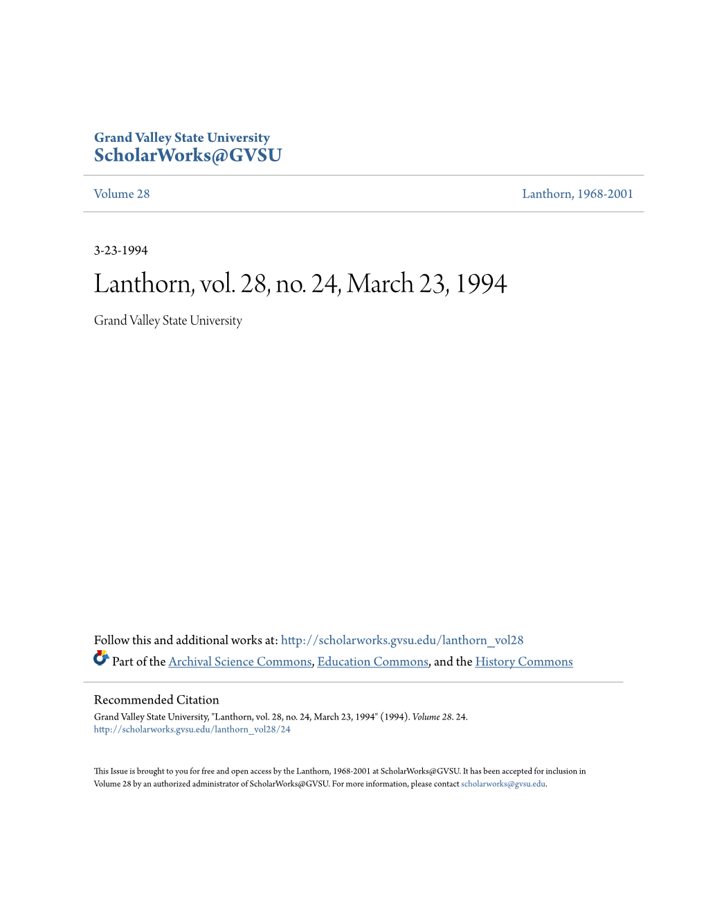 Lanthorn, Vol. 28, No. 24, March 23, 1994 Grand Valley State University