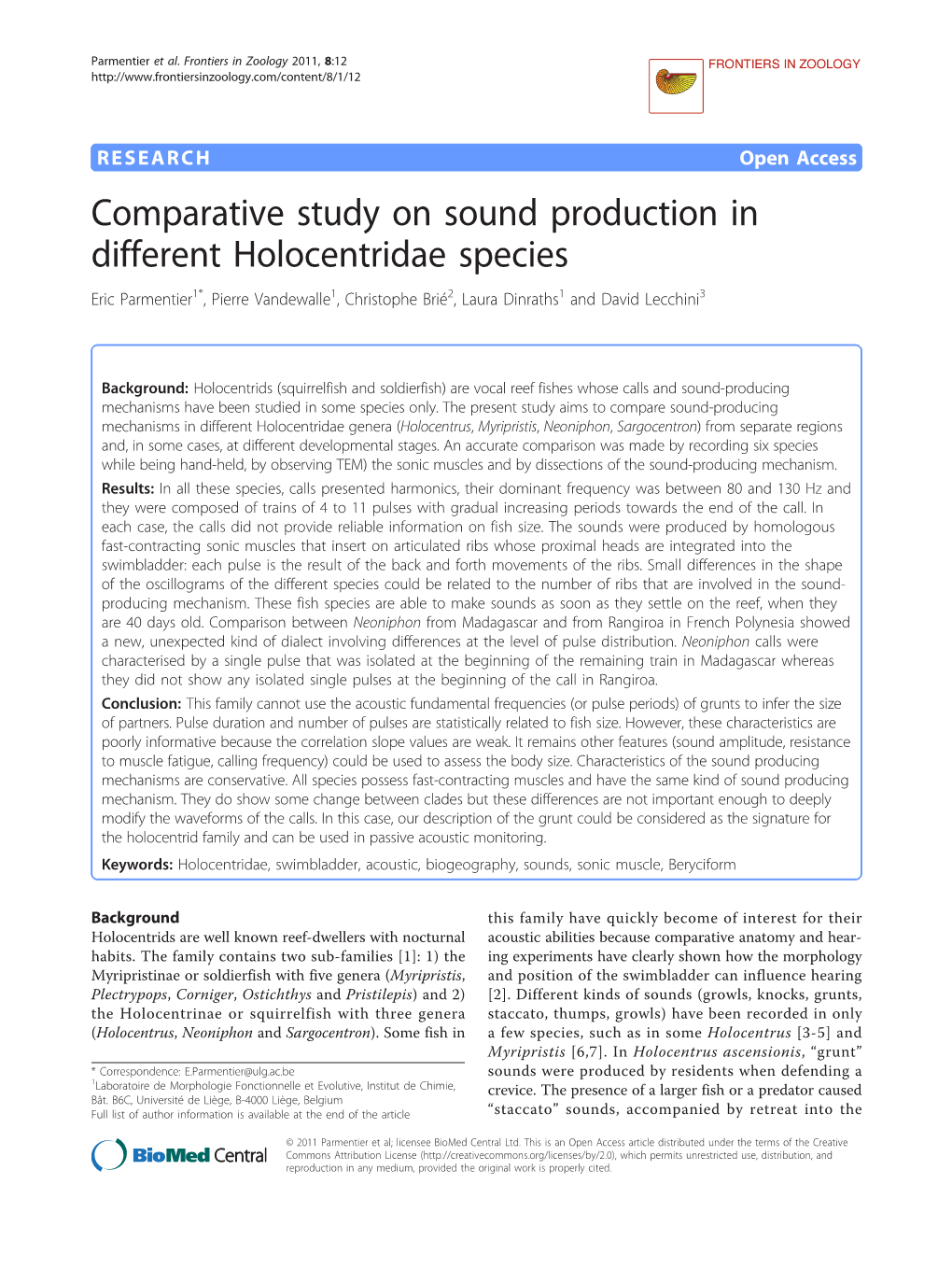 Comparative Study on Sound Production in Different Holocentridae Species Eric Parmentier1*, Pierre Vandewalle1, Christophe Brié2, Laura Dinraths1 and David Lecchini3