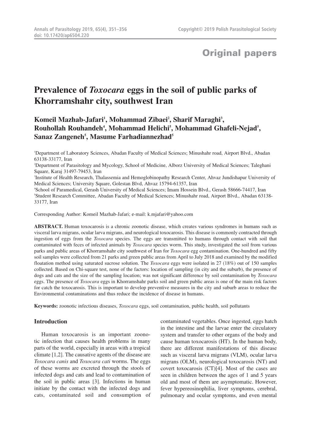 Original Papers Prevalence of Toxocara Eggs in the Soil of Public