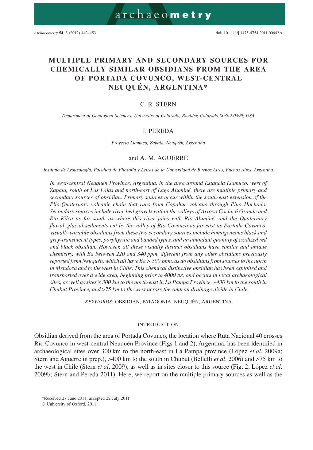 Multiple Primary and Secondary Sources for Chemically Similar Obsidians from the Area of Portada Covunco, West-Central Neuquén, Argentina*