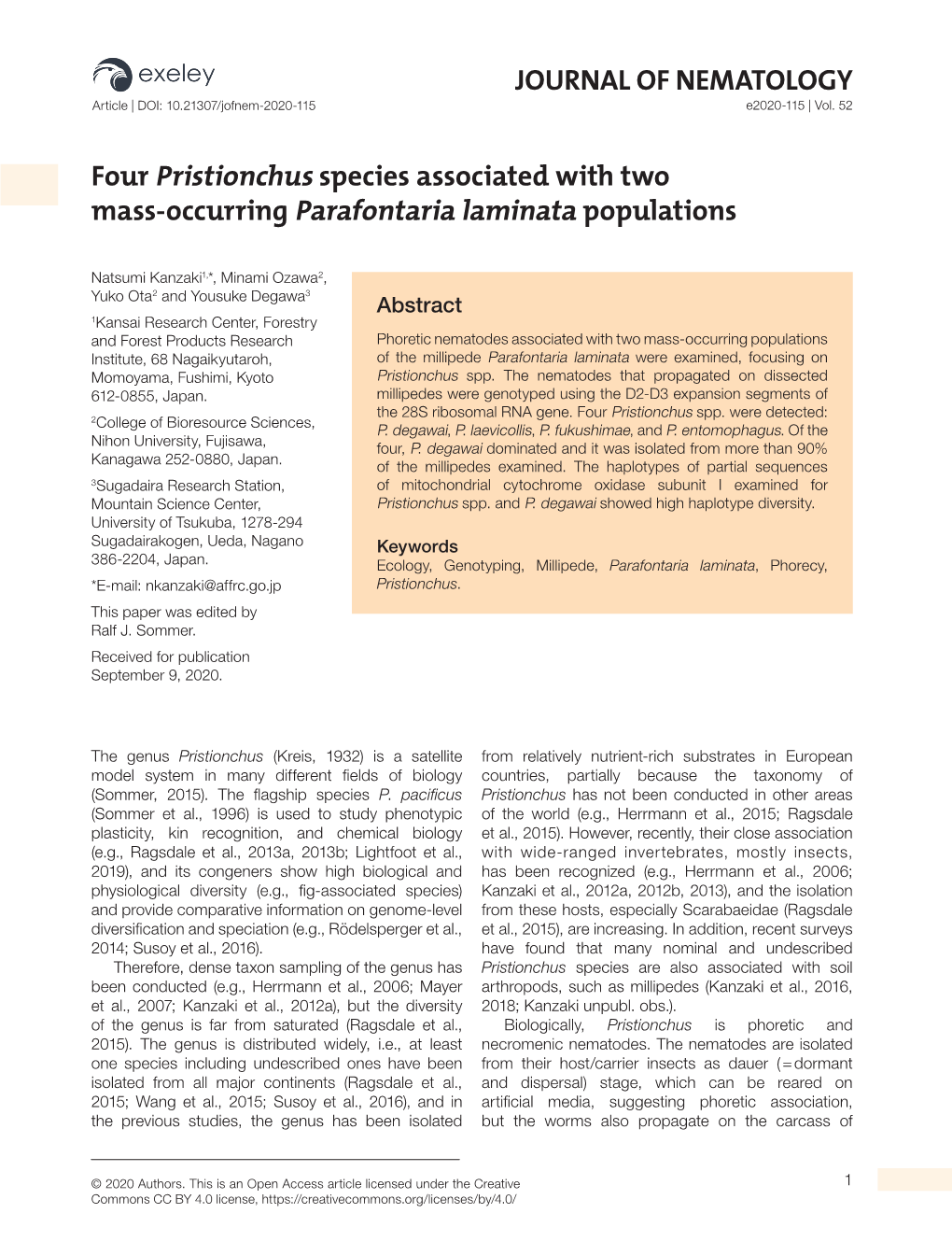 JOURNAL of NEMATOLOGY Four Pristionchus Species Associated