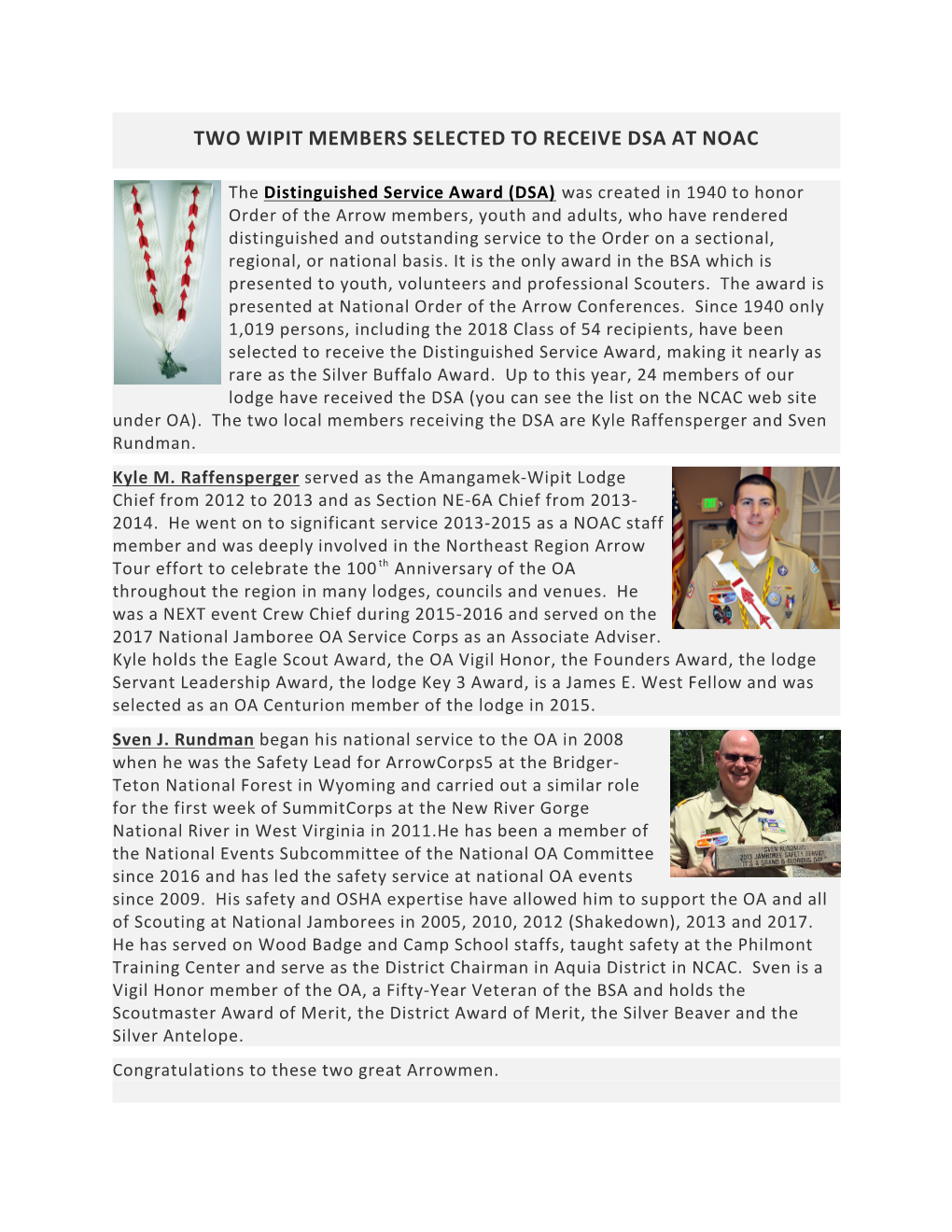 Two Wipit Members Selected to Receive Dsa at Noac