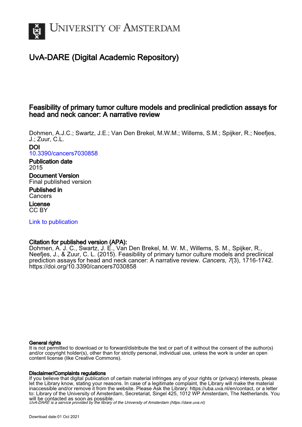 Feasibility of Primary Tumor Culture Models and Preclinical Prediction Assays for Head and Neck Cancer: a Narrative Review