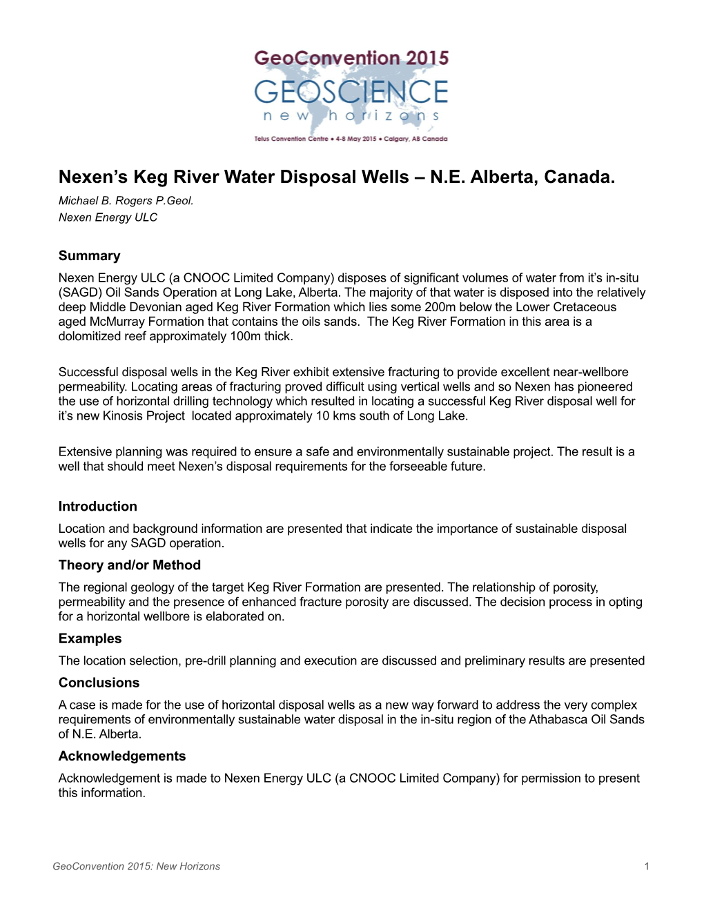 Nexen's Keg River Water Disposal Wells – N.E. Alberta, Canada