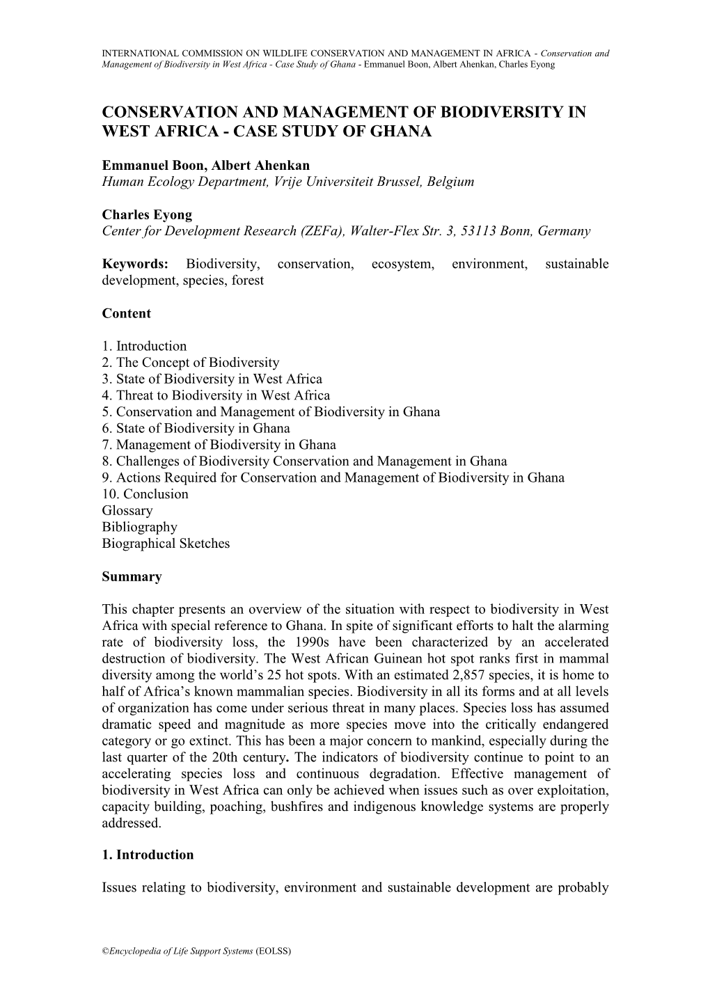 Conservation and Management of Biodiversity in West Africa - Case Study of Ghana - Emmanuel Boon, Albert Ahenkan, Charles Eyong